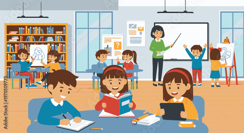 Children learn attentively in classroom with teacher writing on board