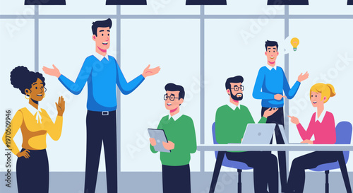 People discuss ideas in a modern office with coworkers around a table