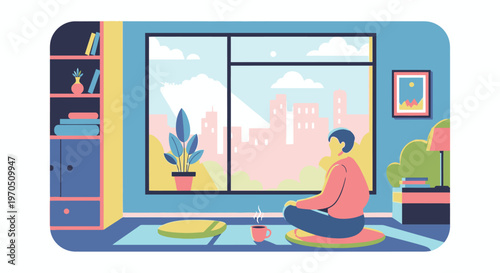 A serene woman meditates on a yoga mat in her cozy living room with a cityscape view through the window.