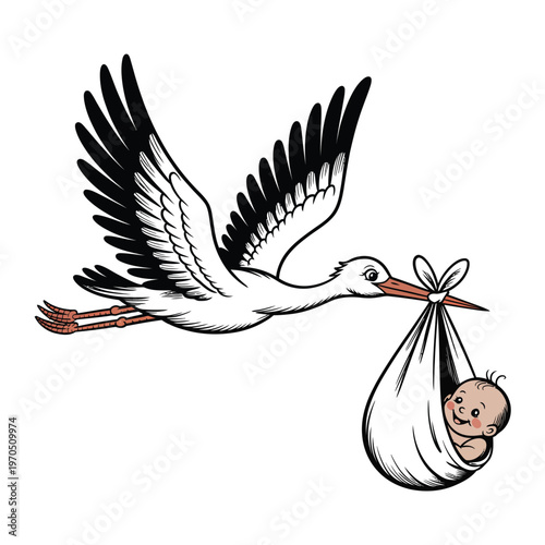 A stork carrying a bundled baby in a white bag illustrated style
