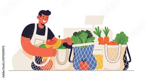 Man shopping with grocery bags full of fresh produce at market