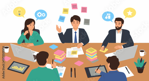 Colleagues discuss ideas around a wooden meeting table with laptops and notes.