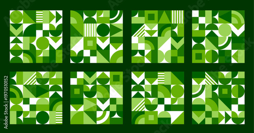 Ecology geometric pattern, environment green tiles, vector Earth Day, eco and nature conservation. Abstract patterns set of green geometric shapes mosaic with squares, circles, triangles and leaves