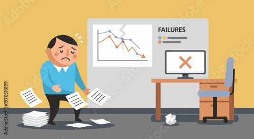 Man feeling stressed while throwing papers near a failing graph in office
