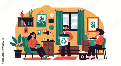 People recycle and work together in a cozy living room with plants and furniture