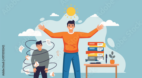 Two men experiencing stress and calmness in a office setting with books and papers