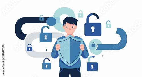 Man standing confidently with various locks and keys surrounding him indoors