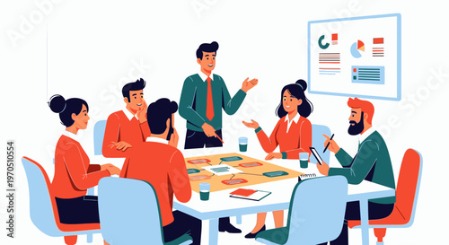 A group of people discussing and presenting on a board in a meeting room setting indoors.