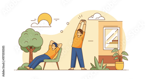 People exercising at home with trees and plants around them indoors.