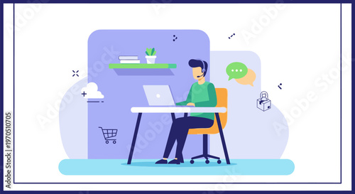 Man sits at desk with laptop in office environment chatting online