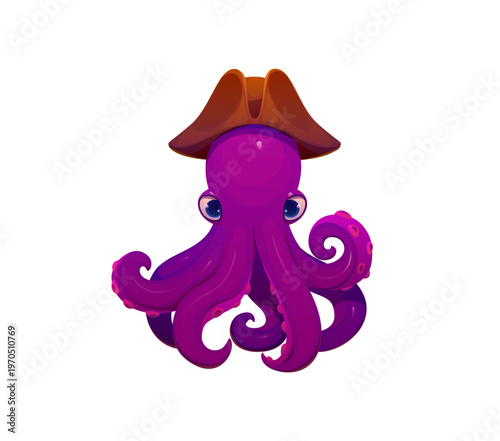 Cartoon octopus animal pirate character. Isolated vector purple comic kraken monster, sea devilfish or poulpe corsair personage with tentacles, wears captain tricorn hat, ready for high seas adventure