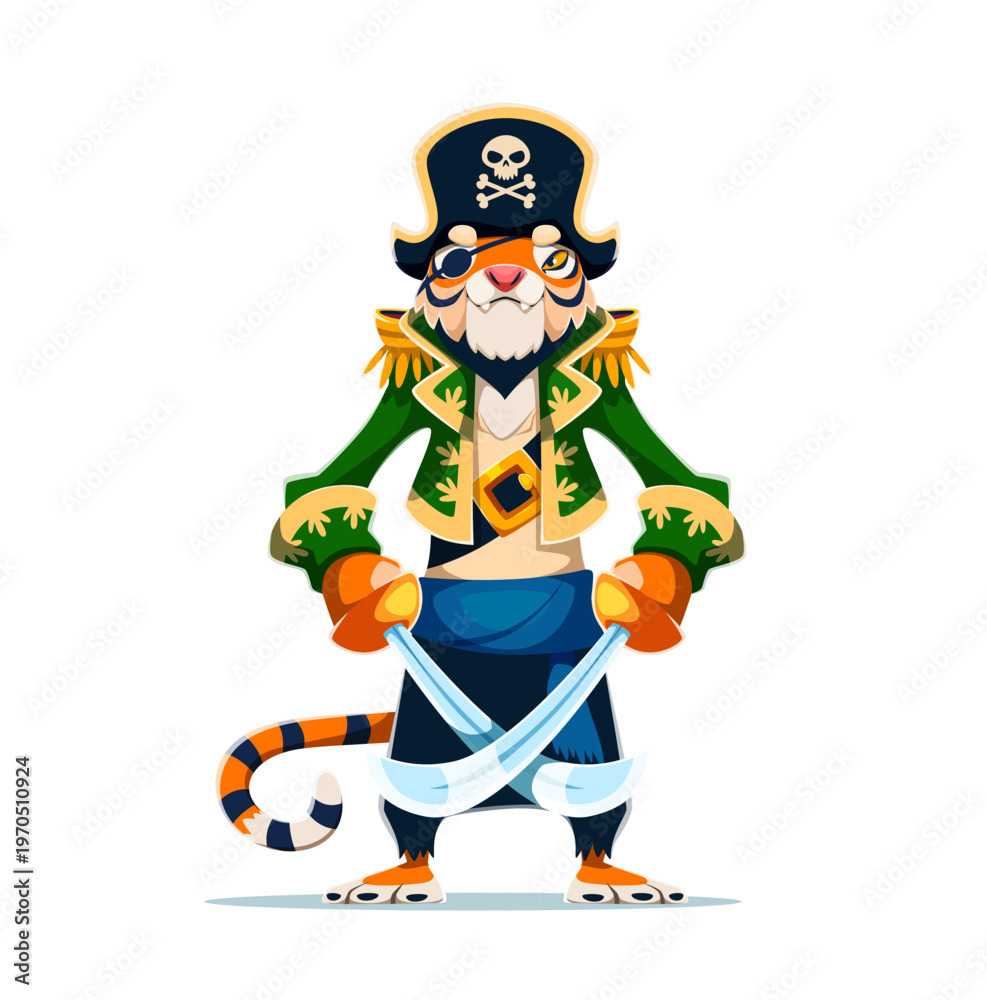 Obraz premium Cartoon tiger captain pirate vector character stands upright with striped tail, orange fur and fierce expression and holds two curved swords. Brave pirate mascot. Ship crew animal corsair personage