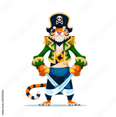 Cartoon tiger captain pirate vector character stands upright with striped tail, orange fur and fierce expression and holds two curved swords. Brave pirate mascot. Ship crew animal corsair personage