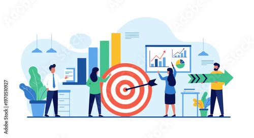 Business team works together to hit target goals in office setting