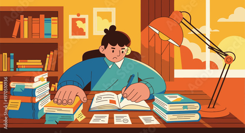 The woman is sitting in a cozy room reading a book beside a desk lamp.