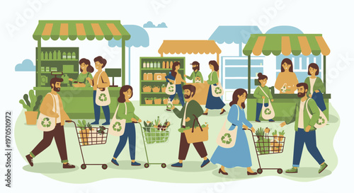 People shopping for food and drinks at an outdoor market with vendors