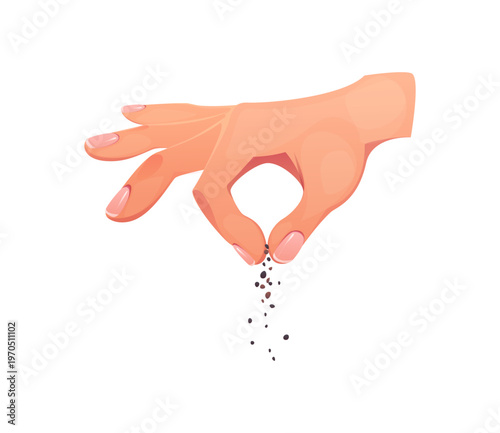Cooking process hand sprinkling pepper with fingers. Culinary seasoning gesture with condiment spice falling down. Isolated cartoon vector food preparation moment showing human hand adding flavor