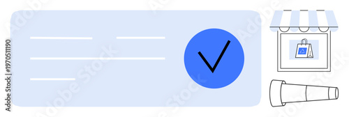 E-commerce, online security, trust verification, branding, digital marketing, online shopping. Blue checkmark icon next to shop storefront and search tool illustration. E-commerce and online security