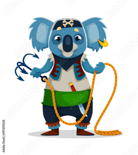 Cartoon koala animal pirate crew character. Isolated vector adorable corsair personage wearing bandana and gold earring, holding a grappling hook with a playful expression, ready for fantasy adventure