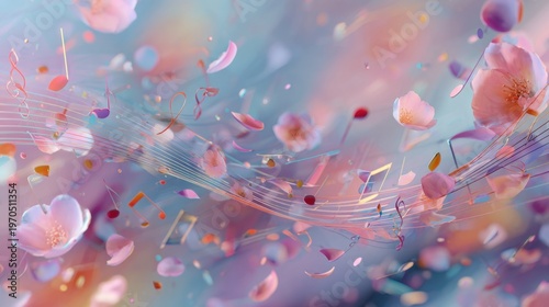 Abstract digital artwork of a musical journey where swirling notes and chords morph into fluttering cherry blossoms. A soft pastel gradient fills the dreamy background, echoing spring warmth, while e