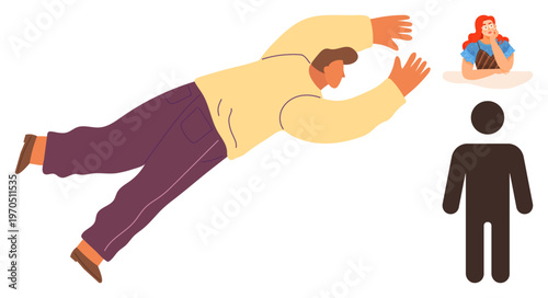 Love, emotions, relationships, social connections, personal growth, communication. Man jumping toward a thinking woman and a black silhouette figure. Love and relationships concept