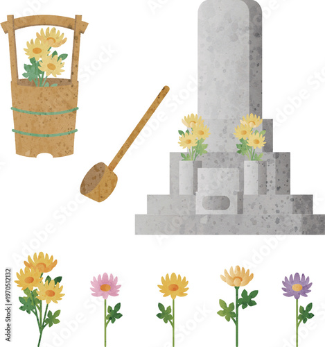 水彩画のお墓参りとお供えの花のイラストセット　飾り　あしらい　背景　デザイン素材