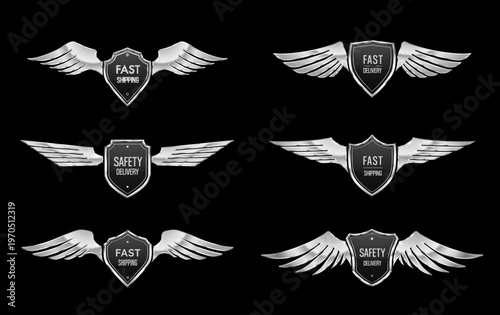 Award shield with silver wings, delivery and shipping label badges. Vector set of realistic premium transport symbols for fast shipping and safety delivery services, logistics and courier guarantees