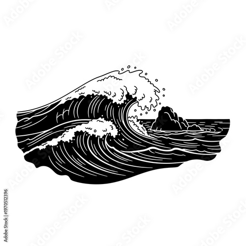 Black and white fish with vector eagle and abstract bird illustration in vintage hand drawn tattoo style design