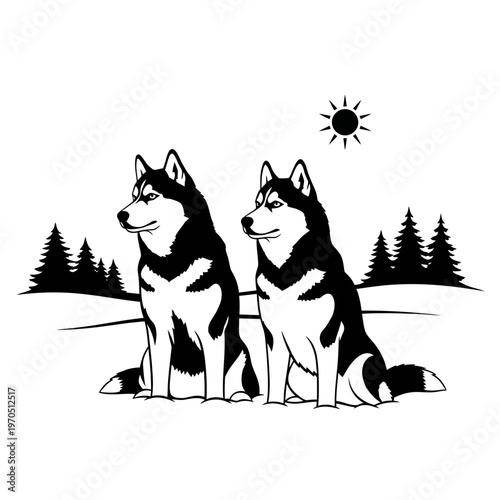 Husky Duo in Snowy Landscape: Two majestic huskies, side by side, surveying a wintry vista, their thick fur coats providing warmth against the snowy expanse.