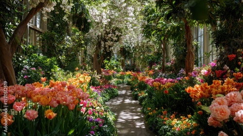 Sunlit garden corridor filled with a vibrant mix of tulips foregrounding the scene, roses in salmon, peach, and coral-pink accents, overhead white dogwood blossoms, and interspersed irises, marigolds