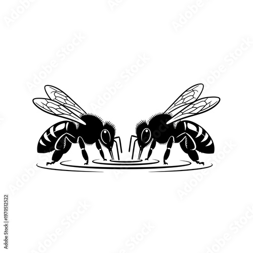 Honeybees at Work: Two honeybees are working together as they drink water from a small pool, highlighting their teamwork and vitality in the midst of their daily tasks. 