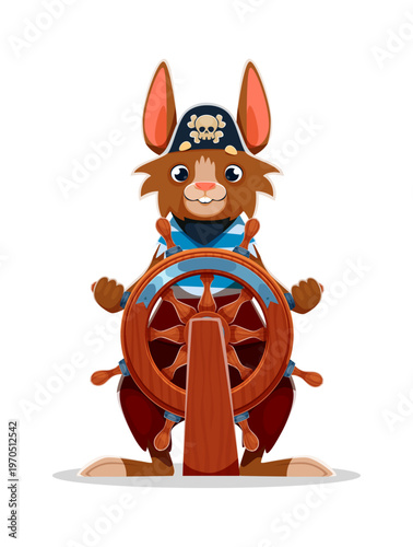 Cartoon kangaroo animal pirate crew character wearing a skull emblazoned hat and striped sailor shirt, standing behind a large wooden ship wheel, steering with a cheerful and adventurous expression