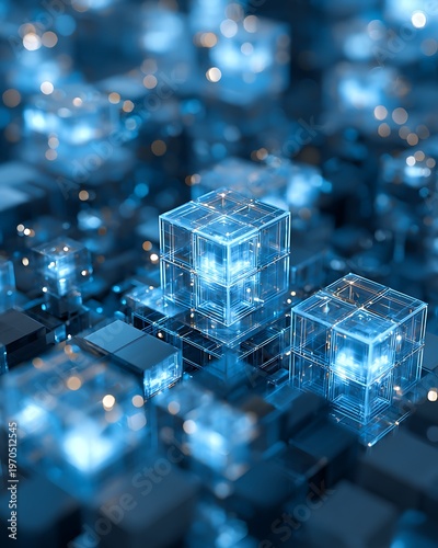 fraud prevention in digital finance, glowing blue block architecture with secure network mesh, transaction security monitoring, enterprise cyber risk management