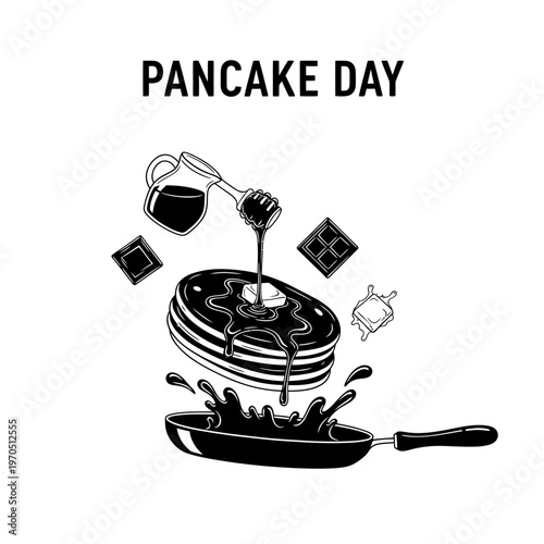 Pancake Day Delight: An artistic depiction celebrates Pancake Day with a stack of fluffy pancakes being drizzled with a decadent, sweet syrup, accompanied by other ingredients and the frying pan. 