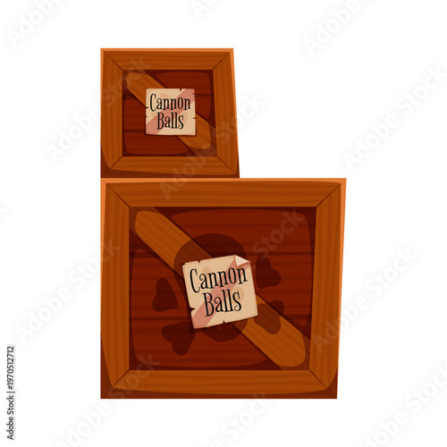 Pirate font cartoon cannonball box letter B. Pirate nautical typeface letter, treasure hunt typeset vector sign. Piracy maritime font element or symbol with cannon ammunition wooden boxes