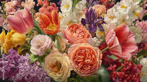 Ultra-detailed studio still-life painting featuring a lush bouquet of layered tulips and prominent roses in salmon, coral, pink, and peach hues, set against white dogwood blossoms with additional iri