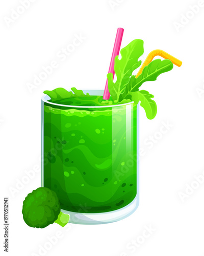 Green vegan smoothie drink filled with thick liquid and leafy herbs garnish with a piece of broccoli placed near the glass. Healthy drink for vegan diet. Cartoon vector detox smoothie drink