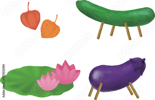 お盆・お彼岸のお供えセット 精霊馬と精霊牛 水彩イラスト素材