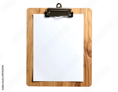 Wooden clipboard with blank white paper