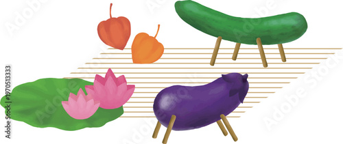 Japanese Obon Offering Set: Spirit Horse and Ox with Lotus and Lantern Plant