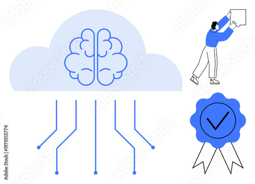 Artificial Intelligence cloud concept. AI and cloud computing ed with a brain and network connections. AI certification and innovation collaboration. Perfect for tech, AI tutorials, business