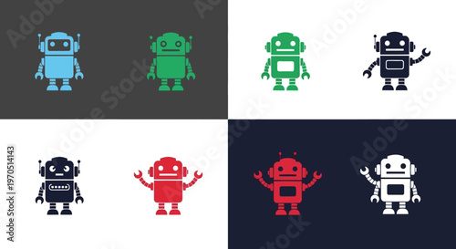 Collection of Cute Robot Illustrations in Various Colors.