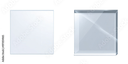 Illustration de deux plaques de verre carrées et transparentes sur fond blanc, montrant des effets de brillance et de profondeur réalistes.