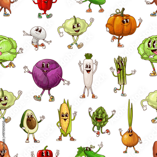 Groovy vegetable characters seamless pattern with dancing pumpkin, avocado, onion and corncob , walking cabbage, radish, jumping asparagus. Funky vegetables background for supermarket decor