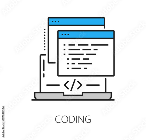 Coding icon with laptop and program code on screen. Vector software development, computer system operate and programming process outline technology sign with interface window and script elements