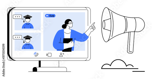 Online learning, virtual teaching, webinars, remote education, e-learning, digital communication. Monitor displaying a live lesson with teacher and students plus a megaphone icon. Online learning