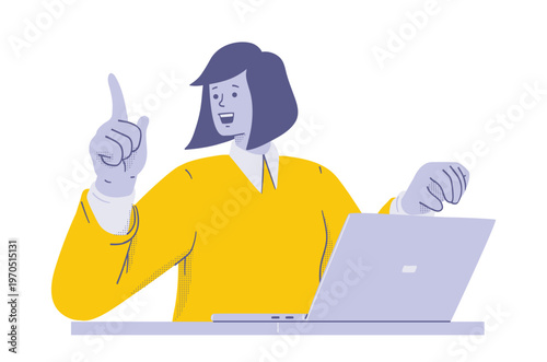 Excited woman finds a good idea in front of his laptop