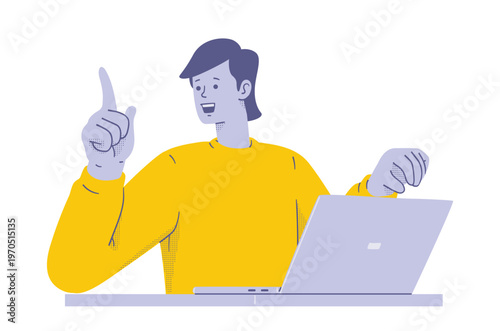 Excited man finds a good idea in front of his laptop with Idea Gesture