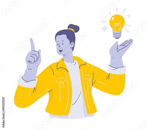 Woman with a light bulb with Idea Gesture