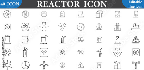 Collection of 40 reactor icons in editable line style for industrial and energy concepts